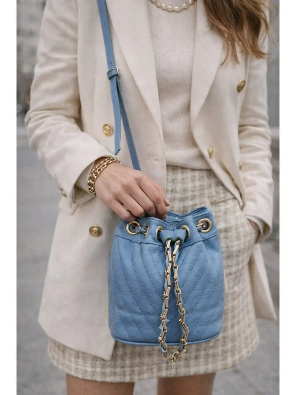 Free People Blue Faux Leather Mini Bucket Bag Gold Chain Drawstring Crossbody